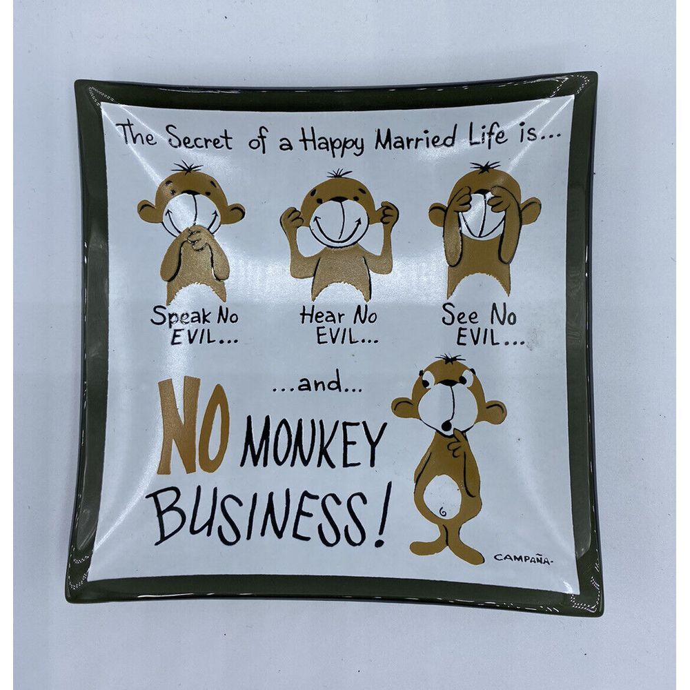Vintage Campana Monkey Business Secret Happy Married Life Glass Trinket Dish MCM